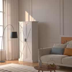 50" LED Kitchen Pantry Cabinet Farmhouse Storage Cabinet Wood Food Pantry with Barn Doors and Adjustable Shelves Freestanding Buffet Cupboards Sideboa