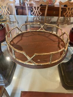 Large Round Wood Tray W Bronce Frame Carved As Bamboo 