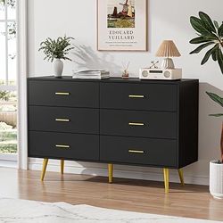 CARPETNAL Black Dresser for Bedroom, 6 Drawer Dresser with Wide Drawers and Gold Metal Handles, Woo