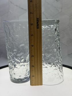 Set of (5) Vintage Anchor Hocking Milano tumblers from the mid-century era. They feature a distinct, clear "crinkle" or "textured" glass design. Two o