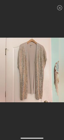 Women’s Gold Sequin Long Beige Short Sleeve Slit Sweater Kimono