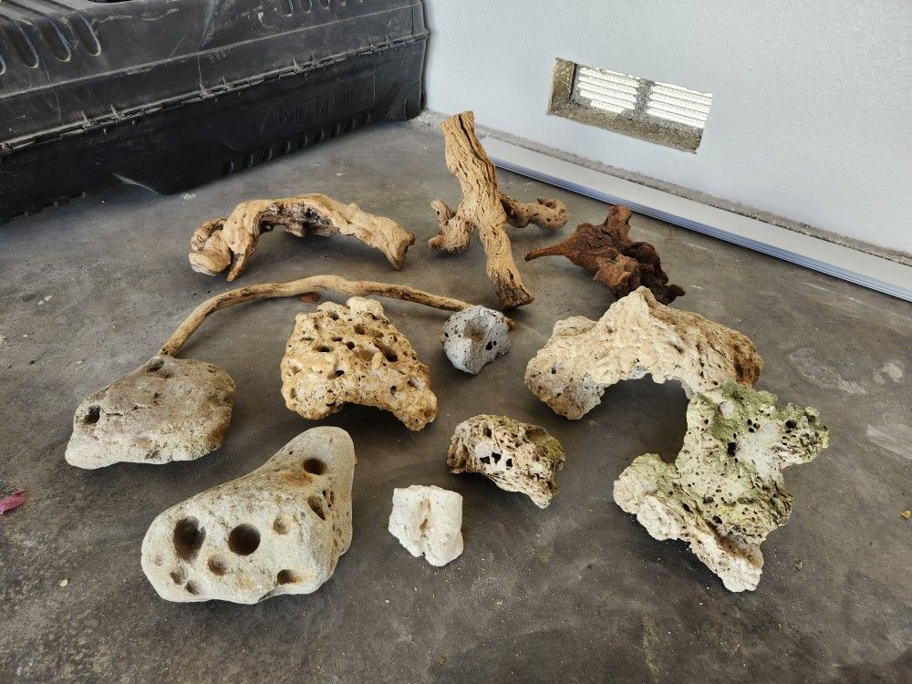 Coral Rocks And Oak Wood For Aquarium Or Lizards Tanks