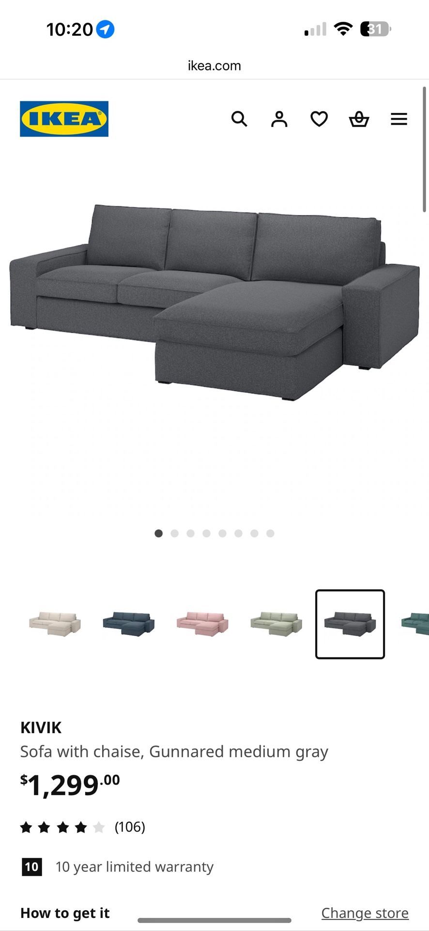 KIVIK Sofa with chaise, Gunnared medium gray