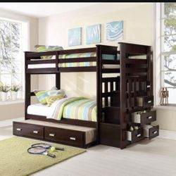Brand New Wood Twin Twin Bunk Bed W/ Staircase 