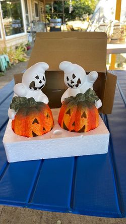 Set of 2 hand-painted ceramic ghost and jack-o'-lantern candle holders/figurines