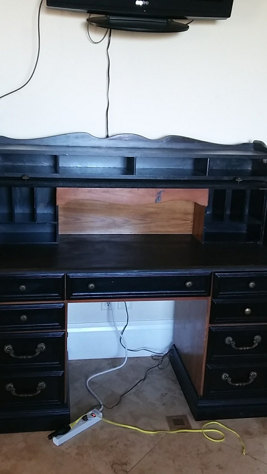 Black roll top oak desk with lamp