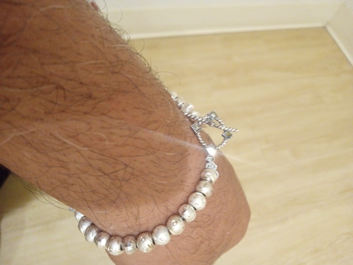 $$$$ Silver With Gold And Stones Balls Bracelet Unique $$$$