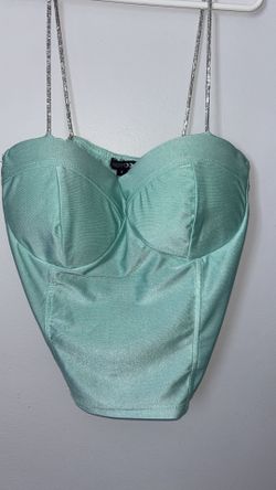 Mint Green Satin Rhinestone Strap Corset Top – Size Small