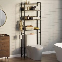 Over The Toilet Storage 4-Tier, Freestanding Bathroom Organizer, Sturdy Behind Toilet Rack with Hooks, Space-Saving Design, Fits Most Toilets, Gray