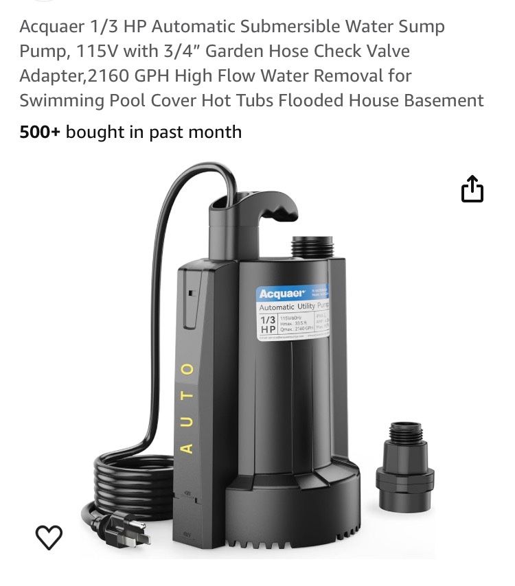  Acquaer 1/3 HP Submersible  Water Pump