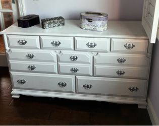 White solid wood dresser, silver hardware