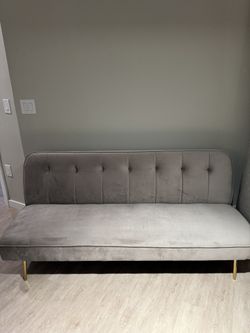 Gray Velvet Futon Couch - Folds Out & Has Built-In Power Outlets!