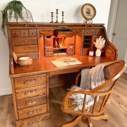 Vintage 1900s Solid Oak Wood Rolltop Desk With Chair
