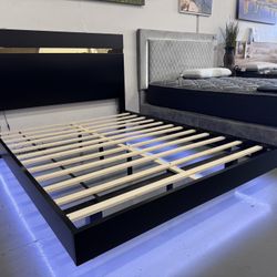 Queen Platform Bed Frame Black LED Lights