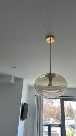 Modern ribbed glass pendant light – brass stem – excellent condition