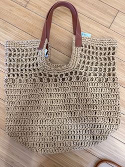 Woven Straw Tote Bag with Leather Handles
