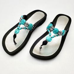 *New* Womens GRANDCO Size 9 Sandals Flip Flop Shoes Black + Silver & Turquois Beads

