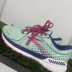Women's Sz 8.5 Brooks Adrenaline GTS 21 Running Shoe Yucca/Navy Blue/Pink