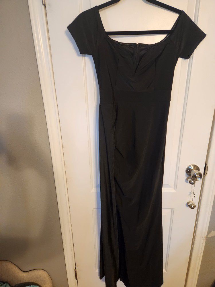 Black Off Shoulder Thigh Slit Dress
