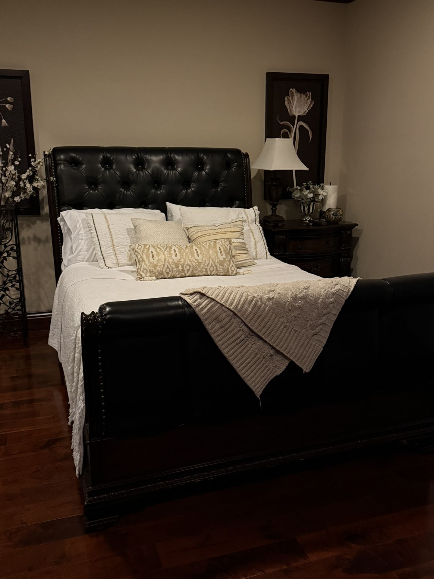 Queen Sized Leather bed, Nightstand, And Dresser