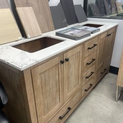 Bathroom vanity cabinet 72” solid Teak Quartz top with sinks and backsplash 