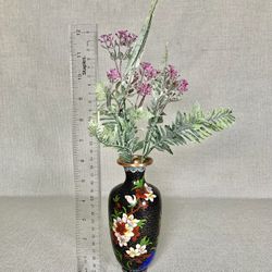 Vintage Chinese Enamel Over Brass Black Cloisonné Vase with Cherry Blossoms and Jasmine Flower. 