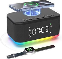 Wireless Charging Alarm Clock Bedroom, Digital Alarm Clocks Bedrooms Bluetooth, Loud Bluetooth Speaker Alarm Clock Night Light Dual Alarm Snooze 12/24