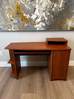 Brown Wood Grain Desk With Keyboard Tray- Monitor Stand- Storage Shelves