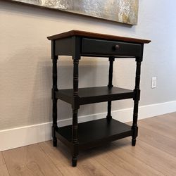 31” Tall - Three Tier Solid Wood Black Side Table w/ Wood Top and Storage Drawer