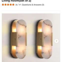 YUYI 14 in. 2-Lights Gold LED Wall Sconce, Natural Alabaster Modern Wall Light for Bedroom, Bathroom, Living Room(Set of 2)
