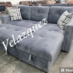 ✅️✅️2 pc grey velvet sectional sofa set pull out sleep area with reversible pop up storage chaise nail head trim tufted accents✅️