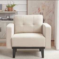 Mid-Century Accent Chair,Beige Linen Fabric Armchair for Living Room,Oversized Upholstered Single Sofa Chair for Bedroom Office Study,Comfy Accent Cha