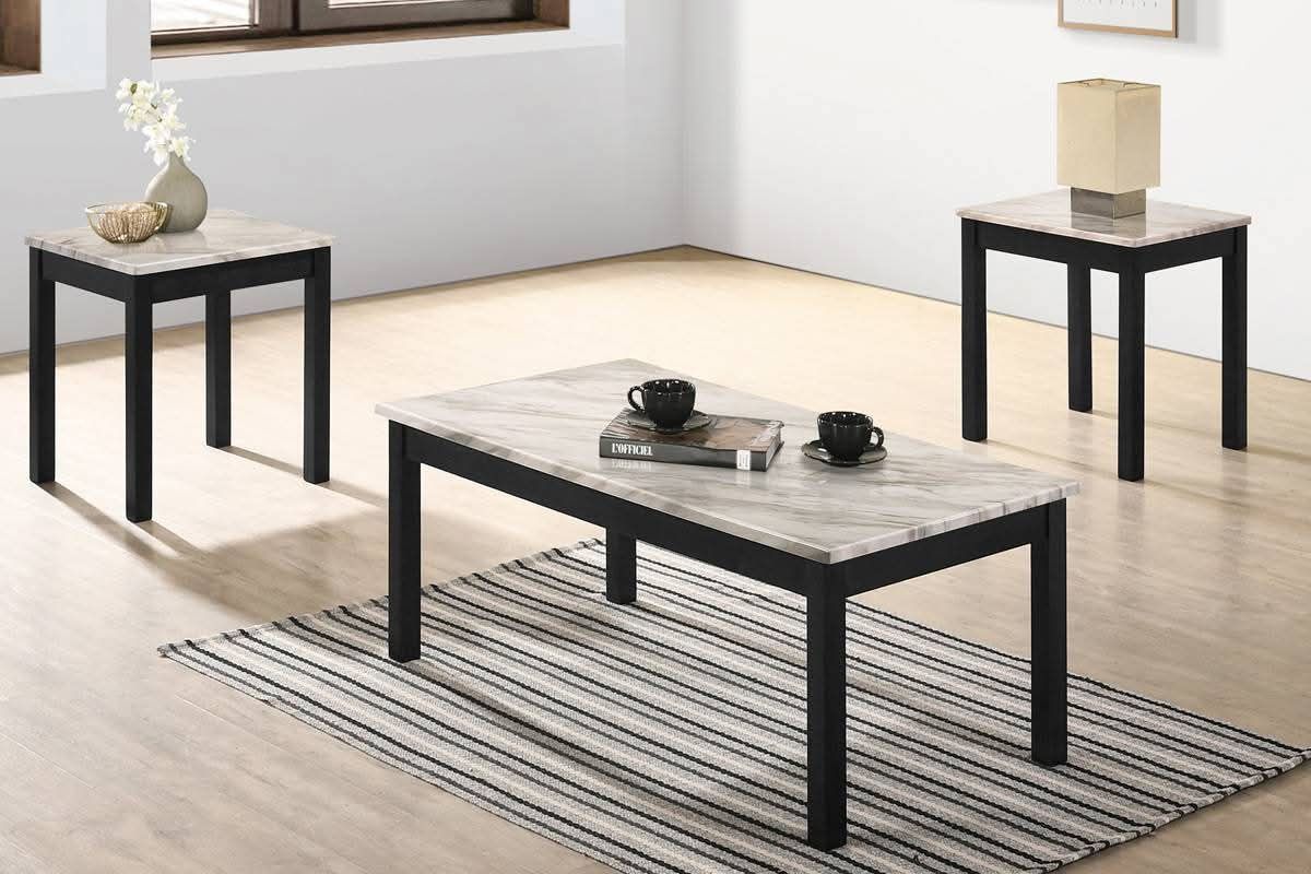 Modern Faux Marble Coffee and End Table Set with Dark-Stained Frames