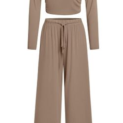 NORACORA Women's Lounge Sets - 2 Piece Ruched Outfits Loungewear Tracksuit | Long Sleeve Tops & Wide Leg Pants