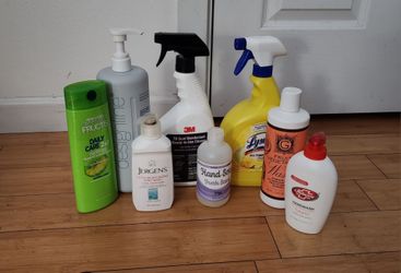 Trader Joe's Fruit and Vegetable Wash, Designline Conditioner,  Shampoo and Conditioner, 3M Spray Cleaner, Lysol Cleaner Spray, 3 bottle of Hand wash