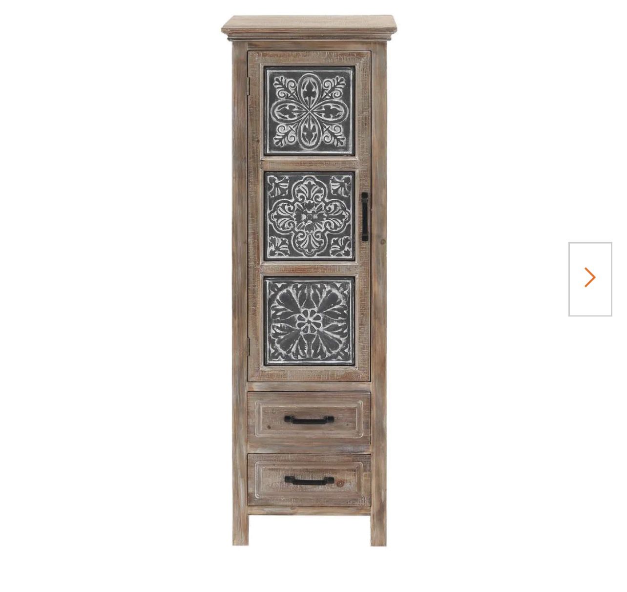 Rustic Wood Floral Tall Accent Cabinet with White Metal Inserts