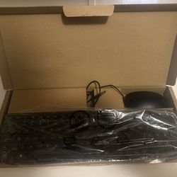 HP Keyboard and wired mouse and lamp and luggage