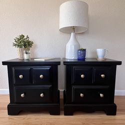 Matching black nightstands with 2 drawers.  Fully refinished, set of 2.