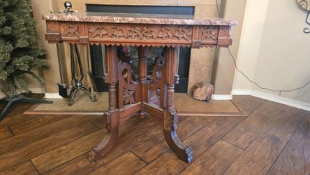 Antique Victorian Eastlake Walnut Parlor Table with Flawless Marble Top – Circa 1880