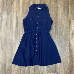 Womens Blue Button Up Sleeveless Dress - M