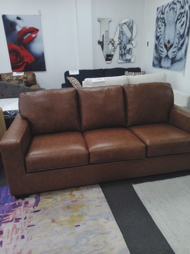 New! Sofa Bed in Genuine Leather, Brown, QUEEN Size.