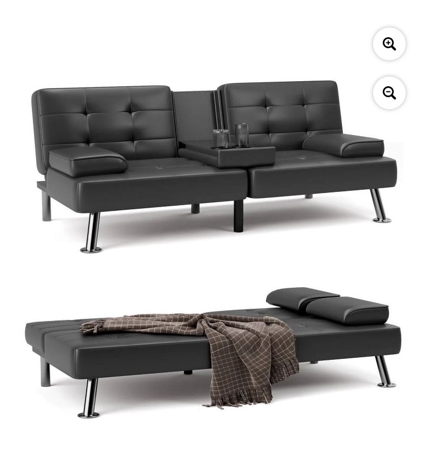 Furmax Futon Sofa Bed Convertible Folding Faux Leather Couch with 2 Cup Holders,Black