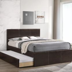 Brand New Espresso Leather Full Bed Frame w Twin Trundle Bed 