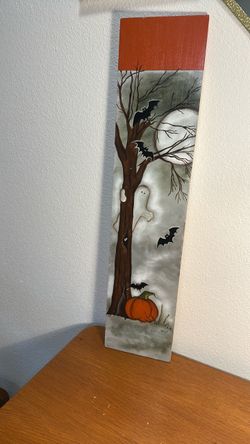 Haloween scene with all the spooks / signed Pam 2009 on a plank board