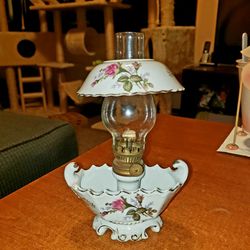 Vintage 
Moss Rose Oil Lamp with double handles, chimney and shade, Table Oil Lamp by Chase, Japan,


