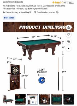 7.5 ft Billiard Pool Table with Cue Rack, Dartboard, and Game Accessories - Green, by Barrington Bil