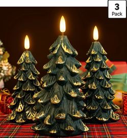 Green Christmas Tree Shaped Flickering Flameless LED Candles with Timer, Real Wax Battery Operated, Set of 3