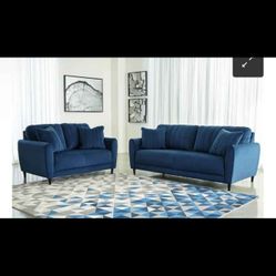 Enderlin Sofa and Loveseat. Navy velvet