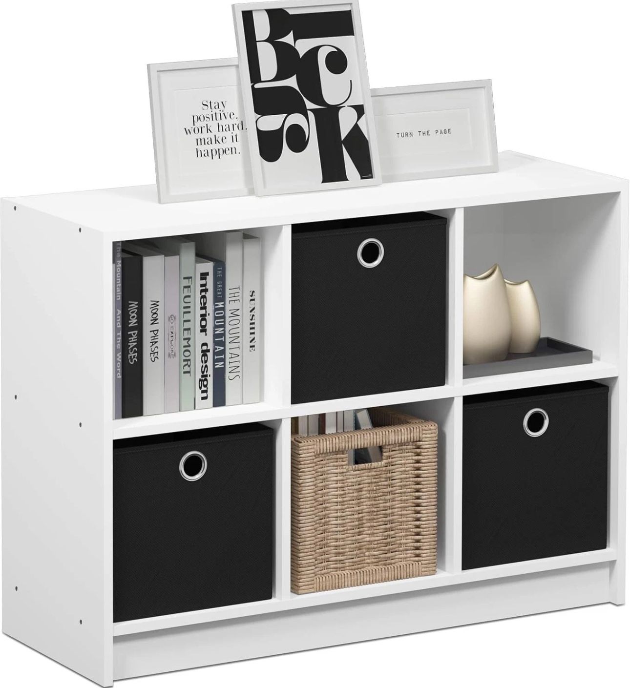 Furinno Basic 3x2 Cube Storage Bookcase 6-Cube with Bin, White/Black