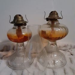 Two Vintage Amber Yellow Eagle Burner Glass Kerosene Oil Hurricane Lamp
Small Is 10" and Larger Is 11" Comes with One Chimney 